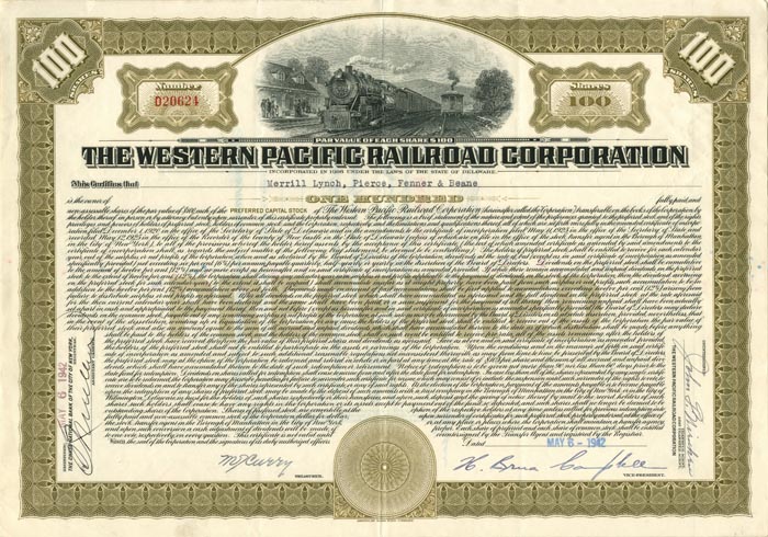 Western Pacific Railroad Corporation - Railway Stock Certificate